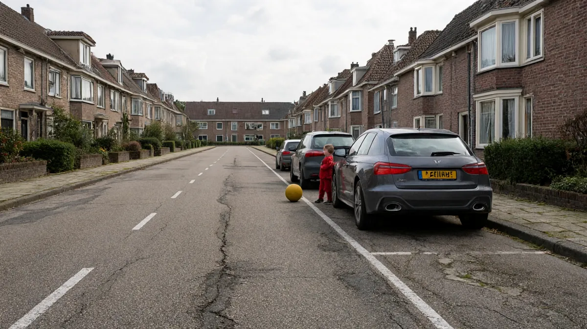 Bestuurdersbeeld van een woonstraat met geparkeerde auto's rechts. Tussen twee auto's staat een kind; een gele bal ligt op de weg. De labels 'zicht belemmerd' bij de auto's en 'kind' bij het kind wijzen de situatie aan.