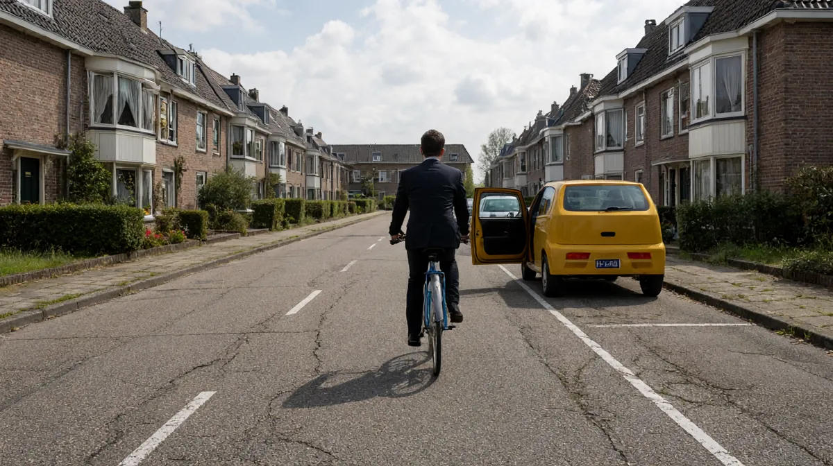 Bestuurdersbeeld van een woonstraat met geparkeerde auto's rechts. Het portier van de voorste auto staat open tot in de rijbaan; een fietser rijdt langs de auto's op die plek. De labels 'portier' en 'fietser' wijzen de twee aan.