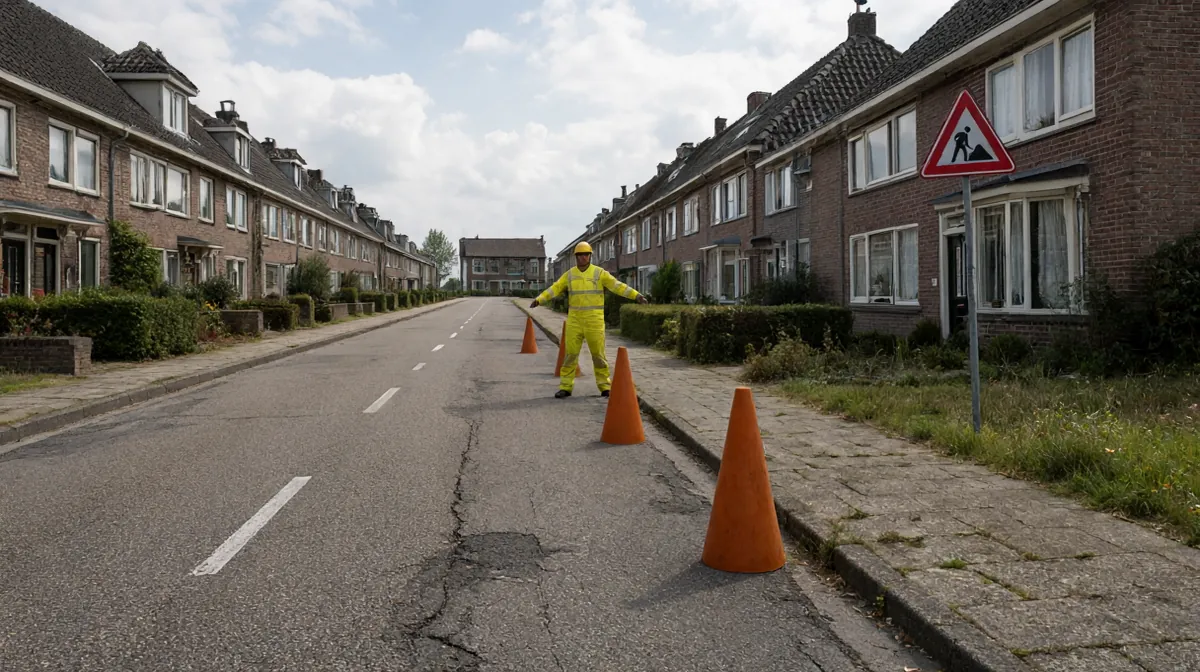 Bestuurdersbeeld van een straat met werk in uitvoering. Het waarschuwingsbord J16 staat rechts aan de weg. Pionnen versmallen de eigen rijstrook; een wegwerker staat in de versmalling. De labels wijzen de wegwerker en de pionnen aan.